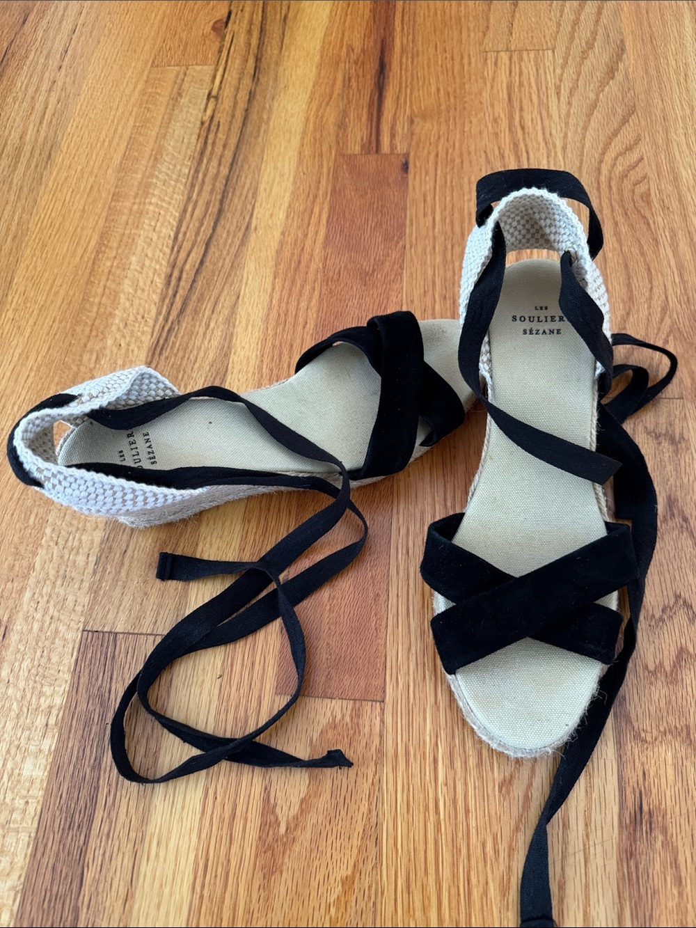 Sezane Black and Cream Espadrille Lace-Up Sandals